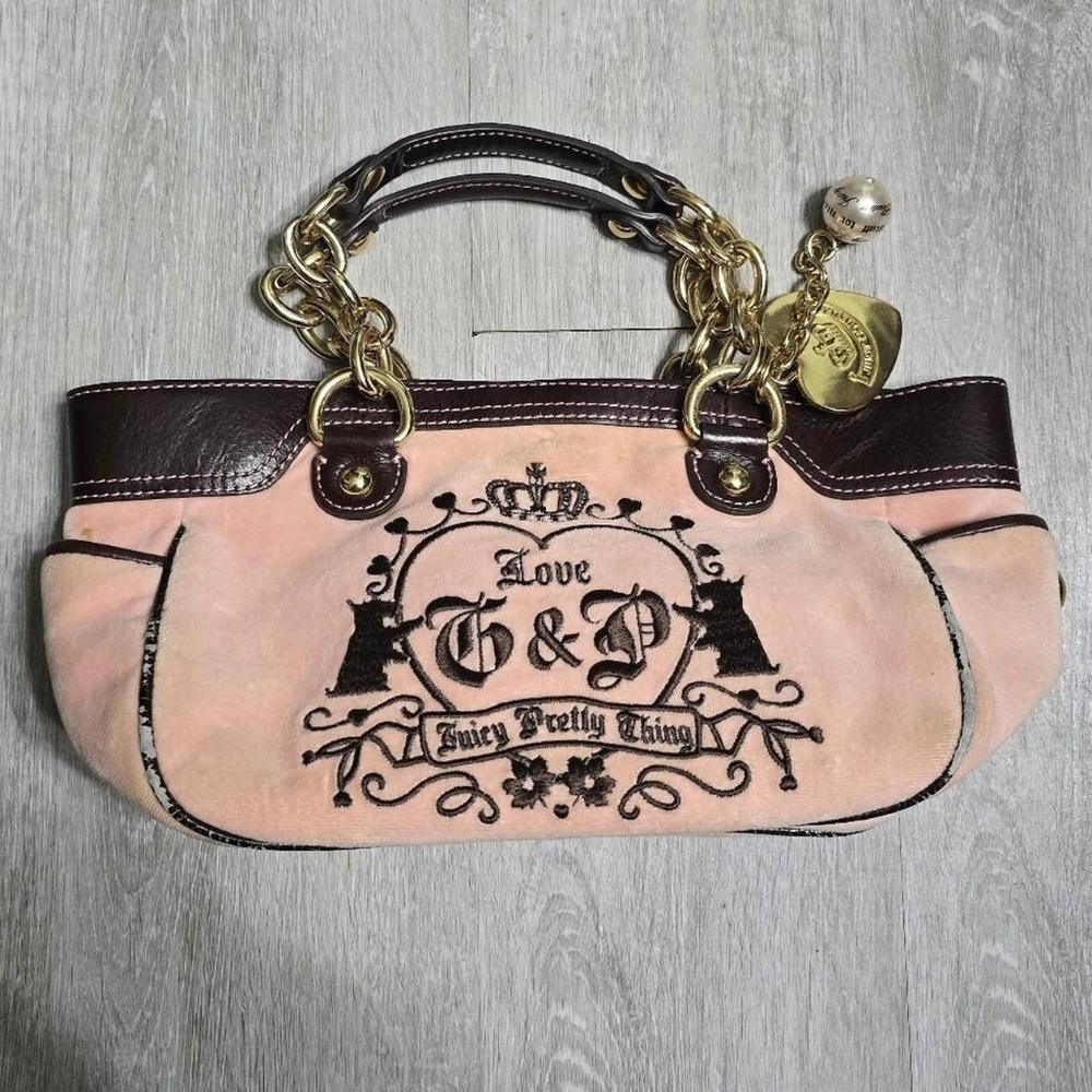 Vintage Y2K Juicy Couture Velour Purse Handbag Satchel Bag Pink Brown